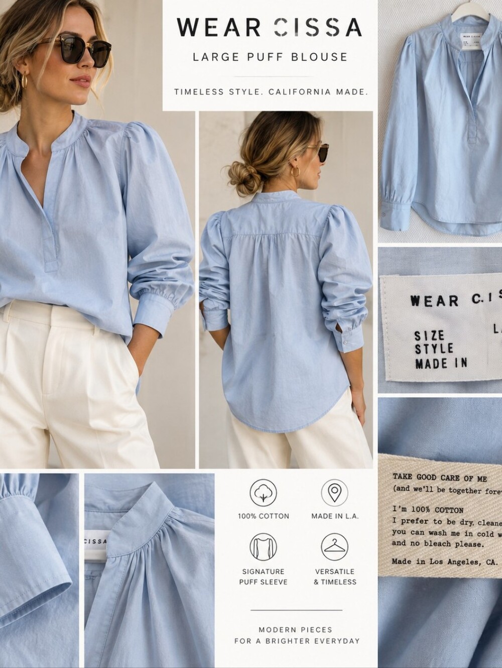 Wear Cissa Light Blue Poplin Blouse Mock Neck Size L NWOT